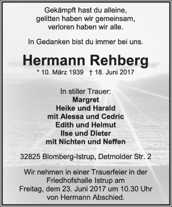 Anzeige  Hermann Rehberg  Lippische Landes-Zeitung