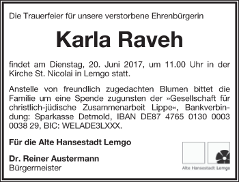 Anzeige  Karla Raveh  Lippische Landes-Zeitung