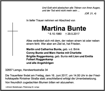Anzeige  Martina Bunte  Lippische Landes-Zeitung