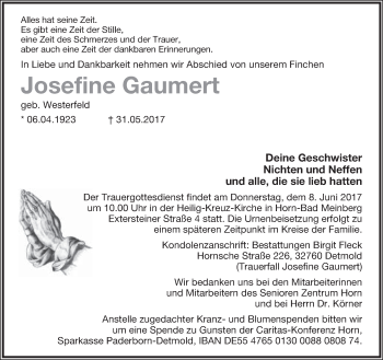 Anzeige  Josefine Gaumert  Lippische Landes-Zeitung