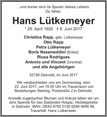 Anzeige  Hans Lütkemeyer  Lippische Landes-Zeitung
