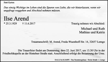 Anzeige  Ilse Arend  Lippische Landes-Zeitung