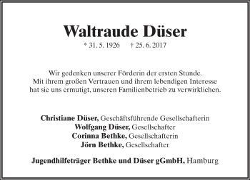 Anzeige  Waltraude Ingenolde Düser  Lippische Landes-Zeitung