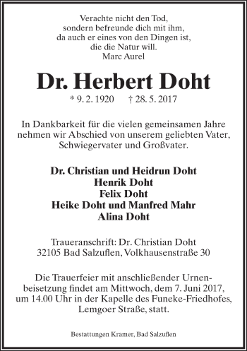 Anzeige  Herbert Doht  Lippische Landes-Zeitung
