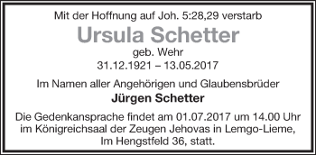 Anzeige  Ursula Schetter  Lippische Landes-Zeitung
