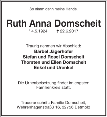 Anzeige  Ruth Anna Domscheit  Lippische Landes-Zeitung