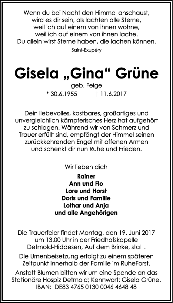  Traueranzeige für Gisela Grüne vom 14.06.2017 aus Lippische Landes-Zeitung