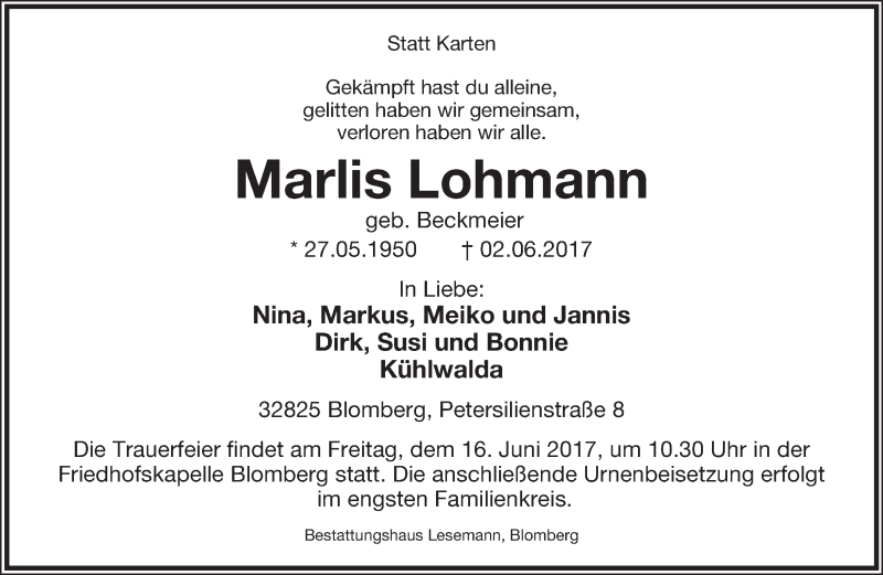 Traueranzeige für Marlis Lohmann vom 10.06.2017 aus Lippische Landes-Zeitung
