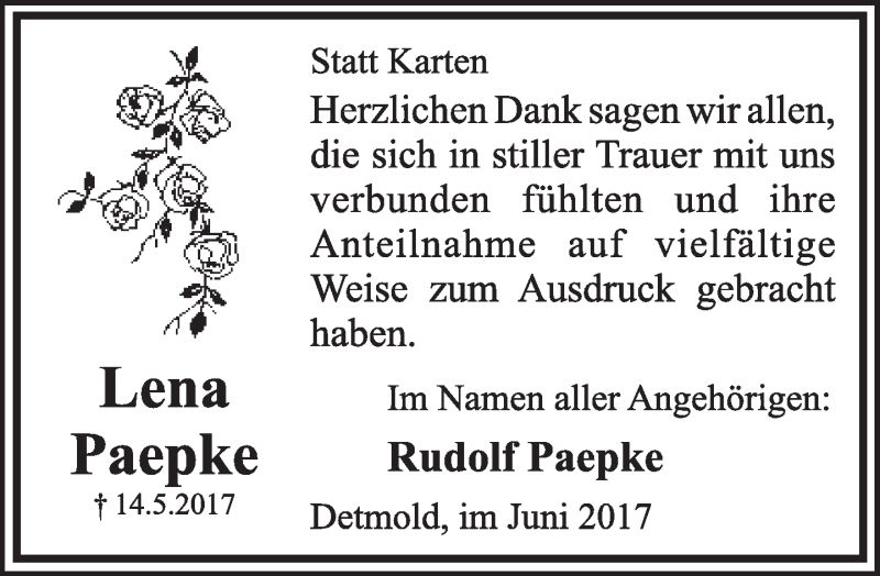  Traueranzeige für Lena Paepke vom 17.06.2017 aus Lippische Landes-Zeitung