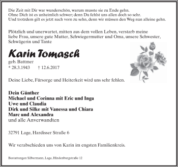 Anzeige  Karin Tomasch  Lippische Landes-Zeitung