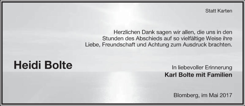  Traueranzeige für Heidi Bolte vom 03.06.2017 aus Lippische Landes-Zeitung