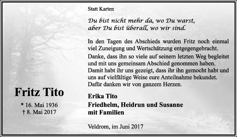  Traueranzeige für Fritz Tito vom 03.06.2017 aus Lippische Landes-Zeitung
