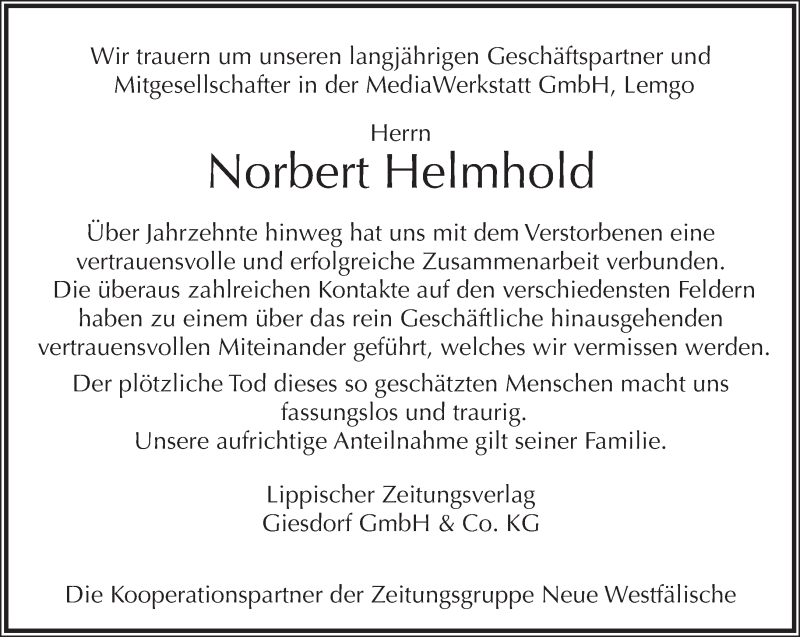  Traueranzeige für Norbert Helmhold vom 22.06.2017 aus Lippische Landes-Zeitung