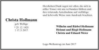 Anzeige  Christa Hollmann  Lippische Landes-Zeitung