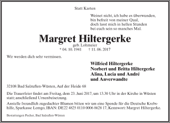 Anzeige  Margret Hiltergerke  Lippische Landes-Zeitung
