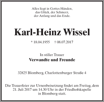 Anzeige  Karl-Heinz Wissel  Lippische Landes-Zeitung