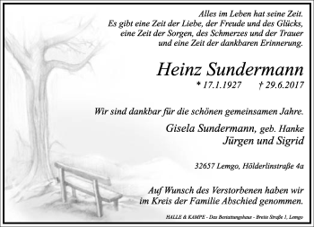Anzeige  Heinz Sundermann  Lippische Landes-Zeitung