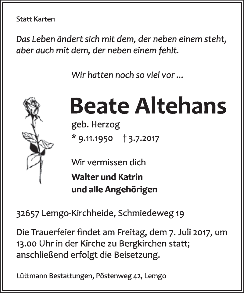  Traueranzeige für Beate Altehans vom 05.07.2017 aus Lippische Landes-Zeitung
