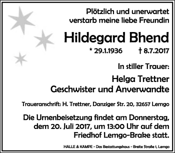 Anzeige  Hildegard Bhend  Lippische Landes-Zeitung