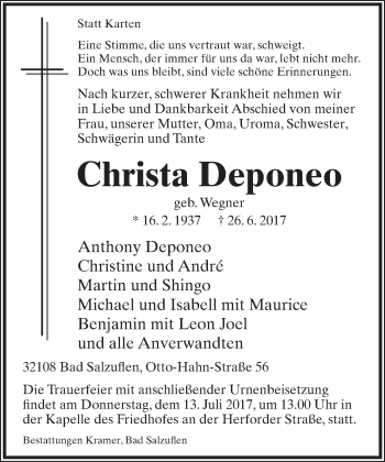 Anzeige  Christa Deponeo  Lippische Landes-Zeitung