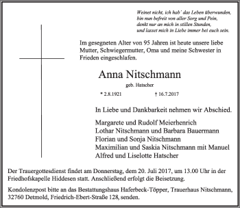 Anzeige  Anna Nitschmann  Lippische Landes-Zeitung