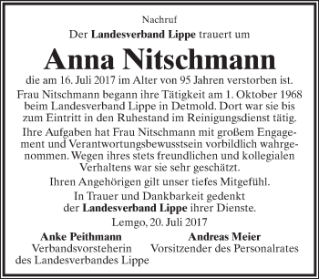 Anzeige  Anna Nitschmann  Lippische Landes-Zeitung