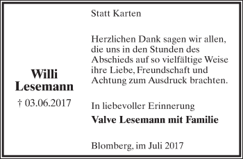 Anzeige  Willi Lesemann  Lippische Landes-Zeitung
