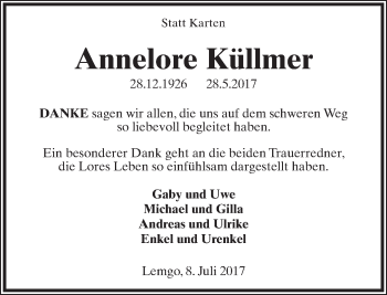Anzeige  Annelore Küllmer  Lippische Landes-Zeitung