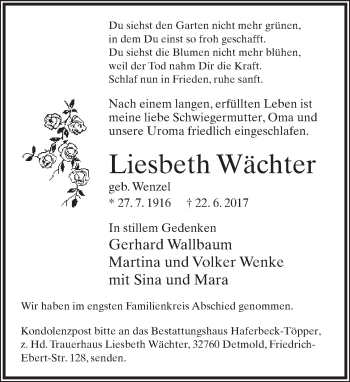 Anzeige  Liesbeth Wächter  Lippische Landes-Zeitung