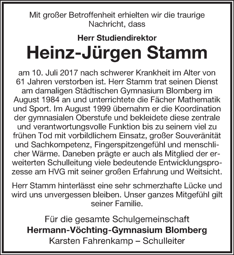  Traueranzeige für Heinz-Jürgen Stamm vom 13.07.2017 aus Lippische Landes-Zeitung