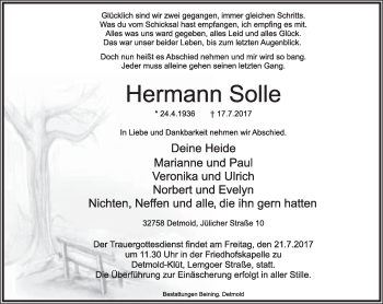 Anzeige  Hermann Solle  Lippische Landes-Zeitung