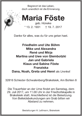Anzeige  Maria Föste  Lippische Landes-Zeitung