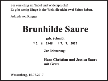 Anzeige  Brunhilde Saure  Lippische Landes-Zeitung