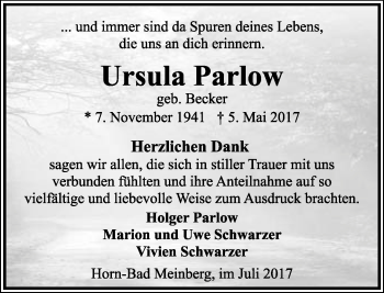 Anzeige  Ursula Parlow  Lippische Landes-Zeitung