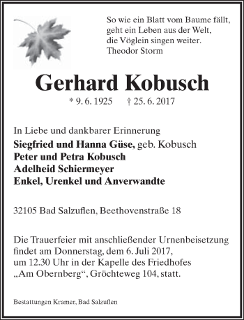 Anzeige  Gerhard Kobusch  Lippische Landes-Zeitung