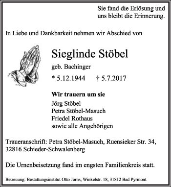 Anzeige  Sieglinde Stöbel  Lippische Landes-Zeitung