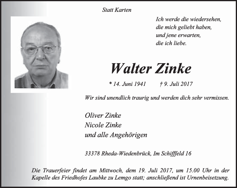  Traueranzeige für Walter Zinke vom 15.07.2017 aus Lippische Landes-Zeitung