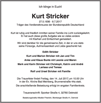 Anzeige  Kurt Stricker  Lippische Landes-Zeitung