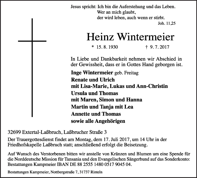  Traueranzeige für Heinz Wintermeier vom 13.07.2017 aus Lippische Landes-Zeitung