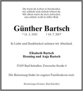 Anzeige  Günther Bartsch  Lippische Landes-Zeitung