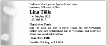 Anzeige  Lina Tölle  Lippische Landes-Zeitung