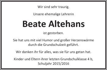 Anzeige  Beate Altehans  Lippische Landes-Zeitung