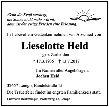 Anzeige  Lieselotte Held  Lippische Landes-Zeitung