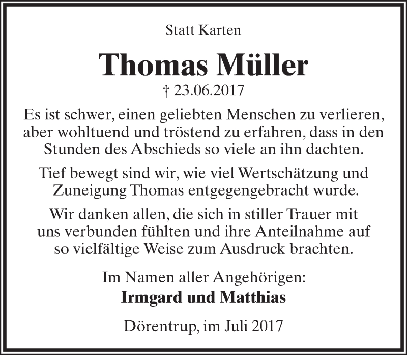  Traueranzeige für Thomas Müller vom 22.07.2017 aus Lippische Landes-Zeitung