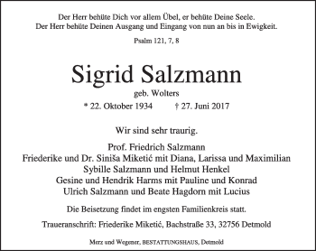 Anzeige  Sigrid Salzmann  Lippische Landes-Zeitung