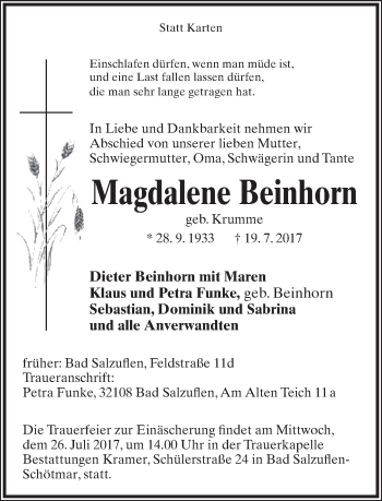 Anzeige  Magdalene Beinhorn  Lippische Landes-Zeitung