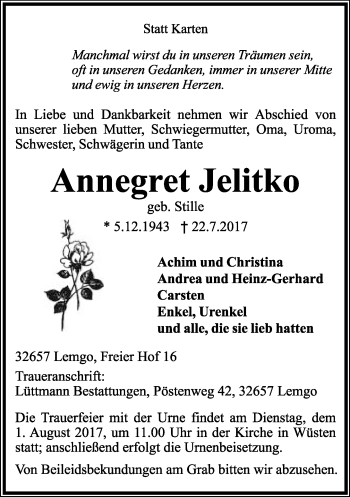 Anzeige  Annegret Jelitko  Lippische Landes-Zeitung