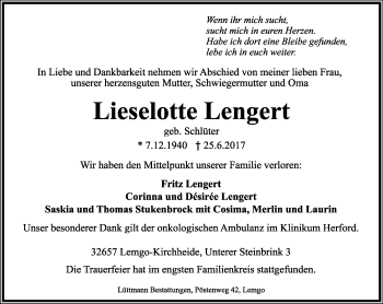 Anzeige  Lieselotte Lengert  Lippische Landes-Zeitung
