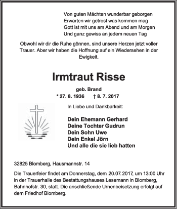 Anzeige  Irmtraut Risse  Lippische Landes-Zeitung