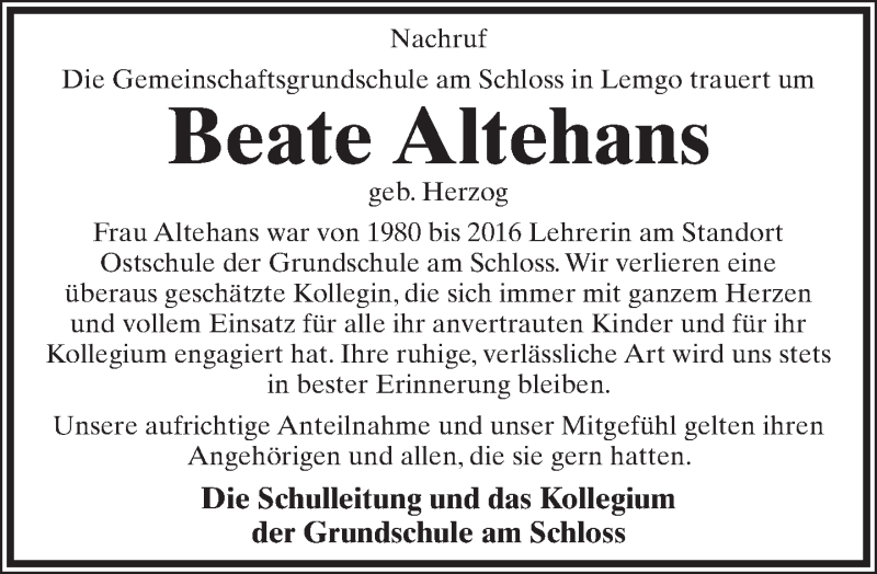  Traueranzeige für Beate Altehans vom 08.07.2017 aus Lippische Landes-Zeitung